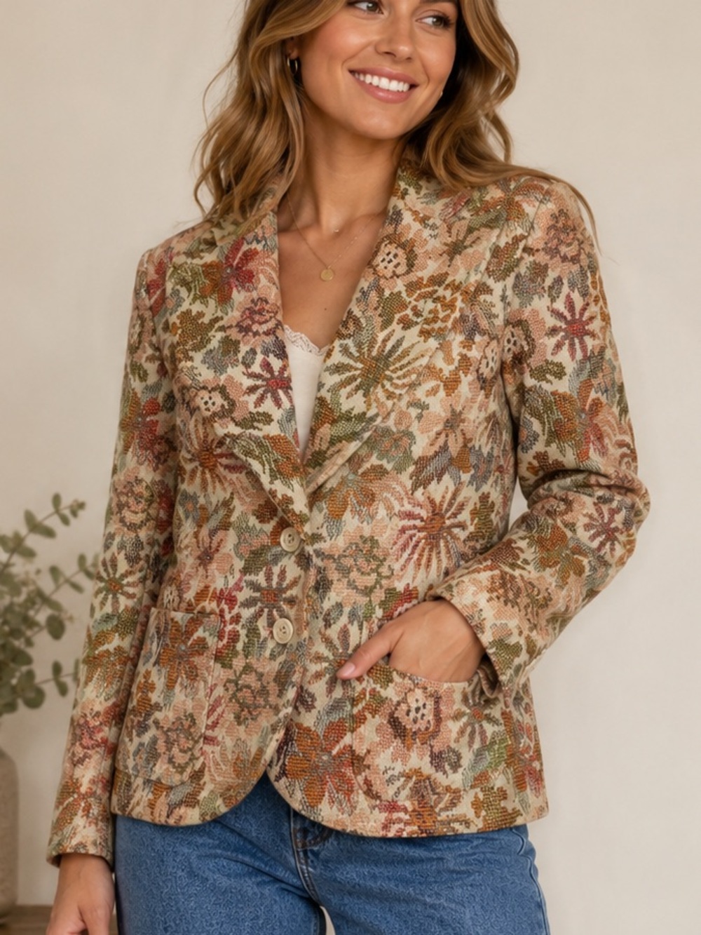 Vintage Multicolor Floral Tapestry Blazer Vincenti Cream Green Rust Size 8 small